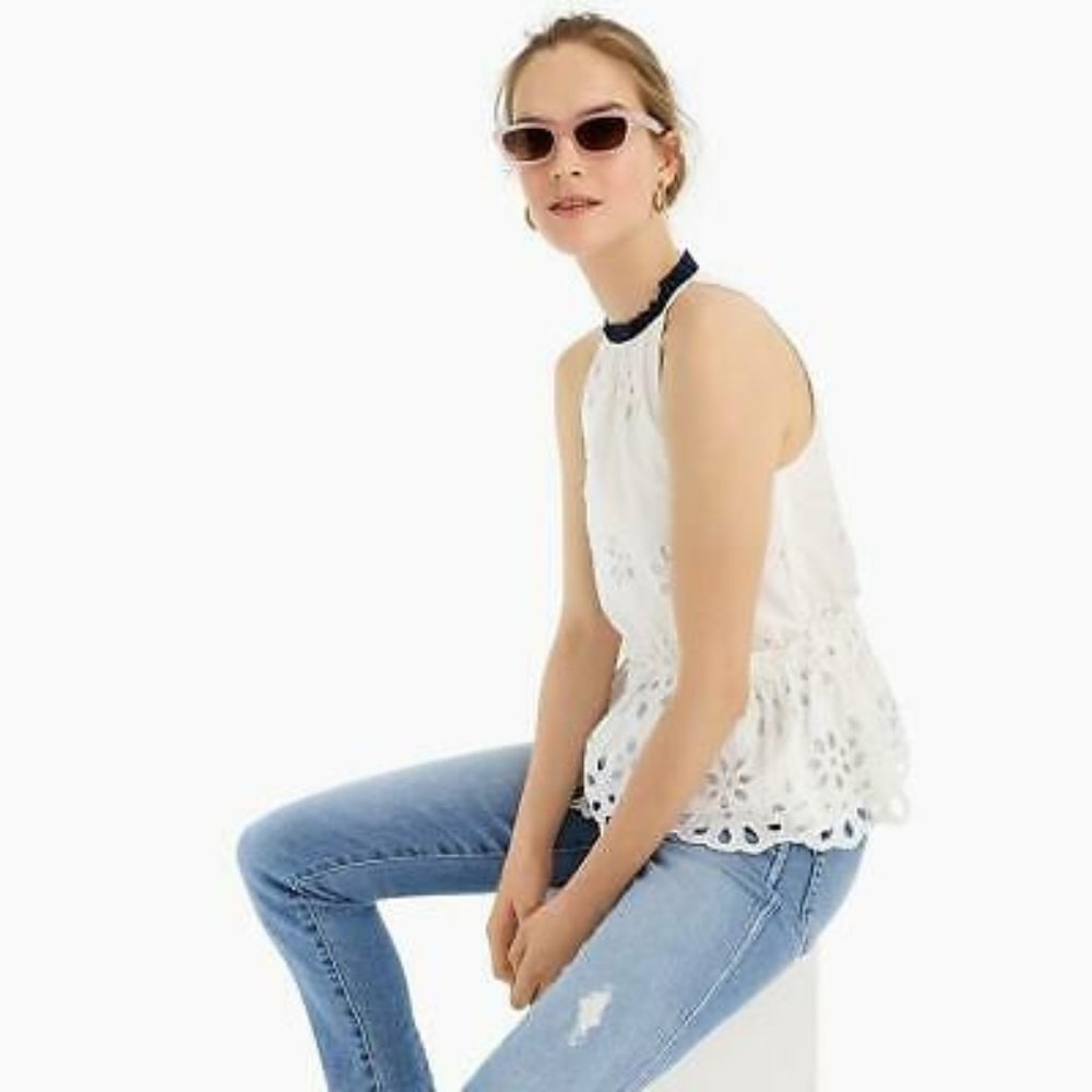 J CREW Eyelet Ruffle Peplum Top Tank White Blouse